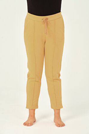 Hardal Rengi Üç Iplik Pileli Cepli Pamuklu Kadın Büyük Beden Eşofman Altı