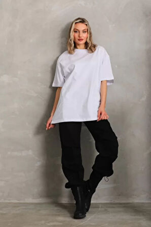 Unisex Bisiklet Yaka 20/1 Düz Oversize T-Shirt - Beyaz