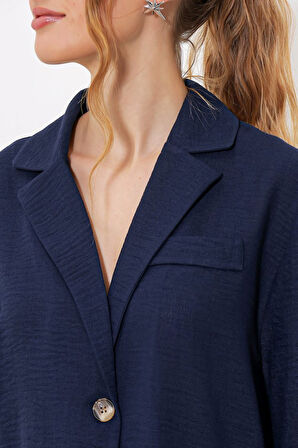 Lacivert Çift Düğmeli Oversize Crop Keten Ceket 0706