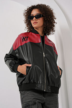 0698 Baskılı Suni Deri Bomber Ceket - Bordo