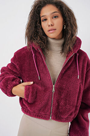 5193 Kapüşonlu Peluş Crop Ceket - Mürdüm