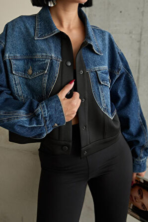 Siyah Denim Scuba Garnili Ceket