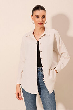 Krem Düz Oversize Uzun Basic Gömlek 3900