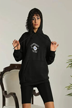 Sırt Baskılı Oversize Üç İplik Kapüşonlu Sweatshirt - Siyah