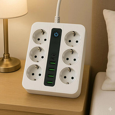 Akım Korumalı 6'lı Priz – 4 USB  1 TYPE-C Girişli, Güvenli ve Pratik Çoklu Priz, Anahtarlı Uzatma Kablosu