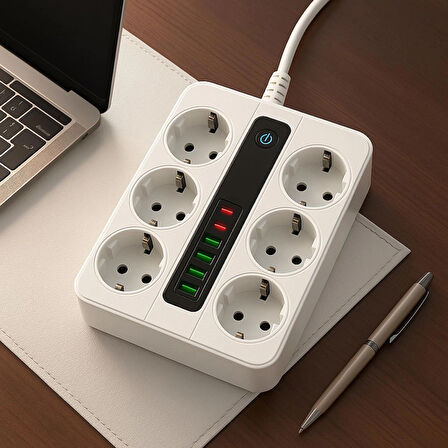 Akım Korumalı 6'lı Priz – 4 USB  1 TYPE-C Girişli, Güvenli ve Pratik Çoklu Priz, Anahtarlı Uzatma Kablosu