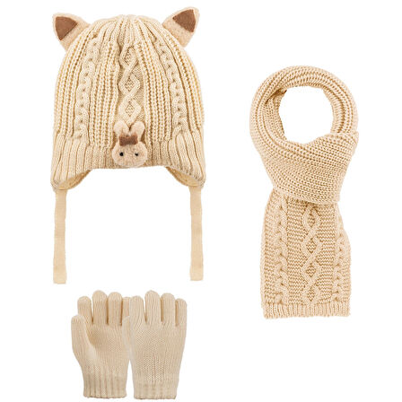 1-4 Yaş Kız Çocuk 3'lü Takım Atkı, Bere ve Eldiven Set