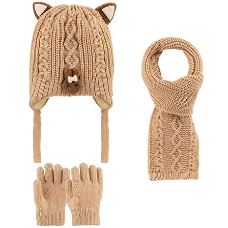 1-4 Yaş Kız Çocuk 3'lü Takım Atkı, Bere ve Eldiven Set