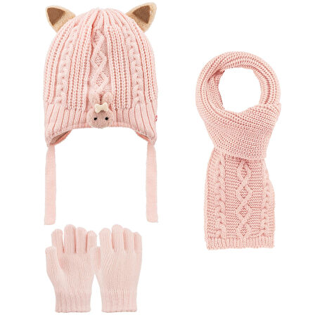 1-4 Yaş Kız Çocuk 3'lü Takım Atkı, Bere ve Eldiven Set