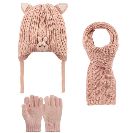 1-4 Yaş Kız Çocuk 3'lü Takım Atkı, Bere ve Eldiven Set
