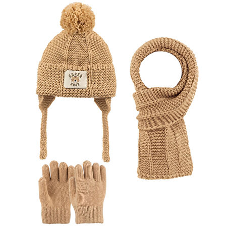 1-4 Yaş Erkek Çocuk 3'lü Takım Atkı, Bere ve Eldiven Set