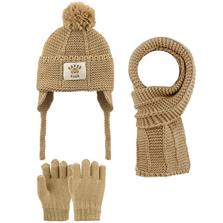 1-4 Yaş Erkek Çocuk 3'lü Takım Atkı, Bere ve Eldiven Set