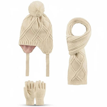 4-8 Yaş  3'lü Takım Kız Atkı, Eldiven ve Şapka Set Içi Polarlı