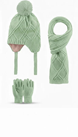 4-8 Yaş  3'lü Takım Kız Atkı, Eldiven ve Şapka Set Içi Polarlı