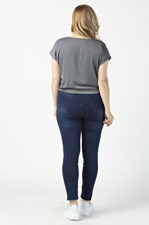 P001M Düz Renk Tam Kalıp Dar Paça Büyük Beden Kot Pantolon Mavi