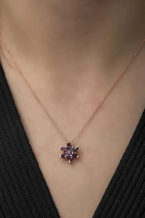 Gümüş Zincirli 925 Ayar Gümüş Mor Lotus Çiçeği Gümüş Kolye