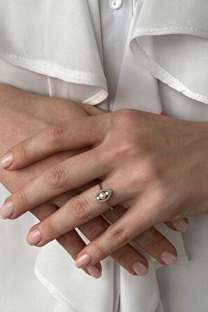 Birinci1926 14 Ayar Beyaz Altın Göz Tek İncili Pırlanta Yüzük