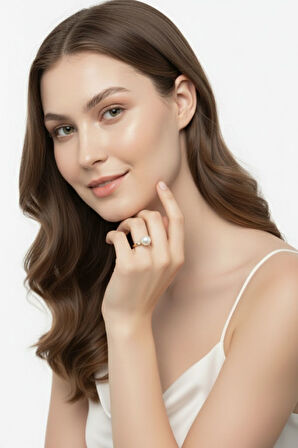 14 Ayar Altın Pırlantalı Doğal İnci Yüzük (5 mm)