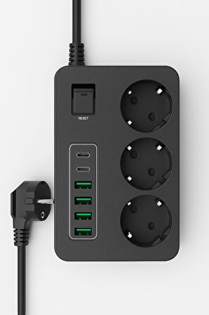Akım Korumalı 3’lü Priz – 2 m Kablo, 2×USB-C + 4×USB-A Hızlı Şarj, Çocuk Korumalı, 3000W