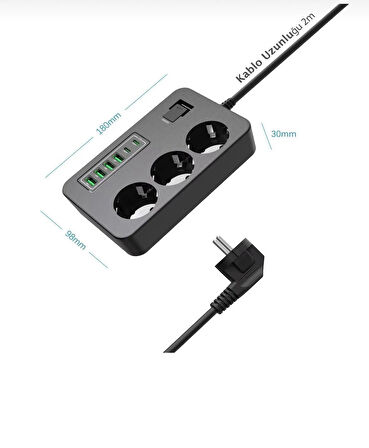 Akım Korumalı 3’lü Priz – 2 m Kablo, 2×USB-C + 4×USB-A Hızlı Şarj, Çocuk Korumalı, 3000W