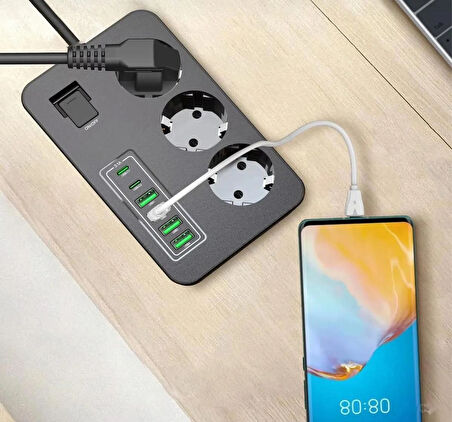 Akım Korumalı 3’lü Priz – 2 m Kablo, 2×USB-C + 4×USB-A Hızlı Şarj, Çocuk Korumalı, 3000W