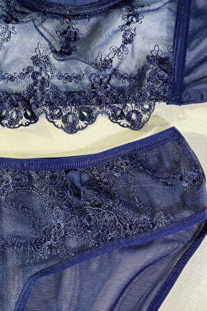 Fransız Dantel Gece Mavisi Bralet Takım