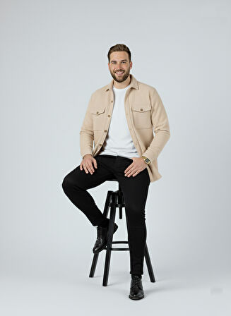 Erkek Slim Fit Düğmeli Yaka Çift Cepli Düz Polar Erkek Gömlek