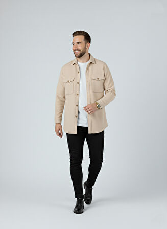 Erkek Slim Fit Düğmeli Yaka Çift Cepli Düz Polar Erkek Gömlek