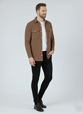 Erkek Slim Fit Düğmeli Yaka Çift Cepli Düz Polar Erkek Gömlek