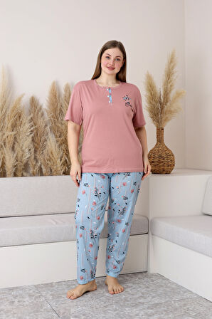Nisanca %100 Pamuk  Büyük Beden Kısa Kol Kadın Pijama Takımı