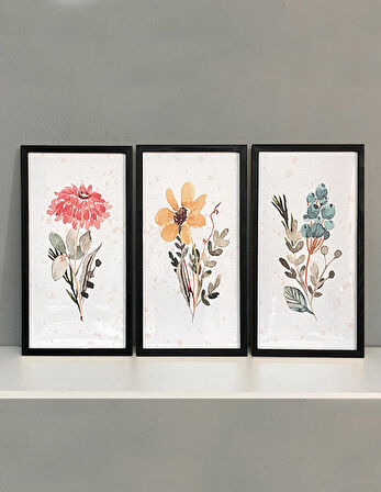Suluboya Çiçekler Ahşap Çerçeveli Tablo Set (25x49 cm)