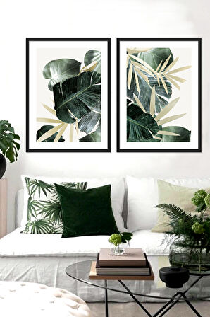 Vetro Design Yeşil Yapraklar Ahşap Çerçeveli Tablo Set (30x40 cm)