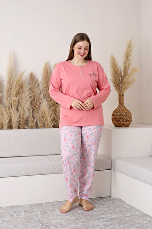 Nisanca Uzun Kollu %100 Pamuk Büyük Beden Anne Pijama Takımı- Anne Özel Serisi