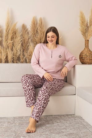 Nisanca Uzun Kollu %100 Pamuk Büyük Beden Anne Pijama Takımı- Anne Özel Serisi