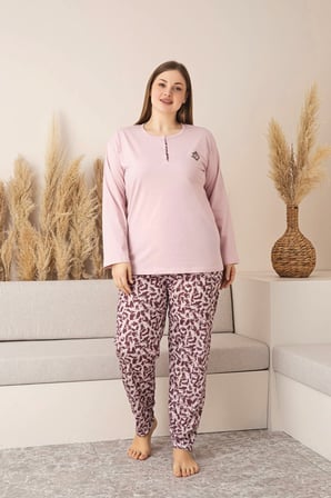 Nisanca Uzun Kollu %100 Pamuk Büyük Beden Anne Pijama Takımı- Anne Özel Serisi