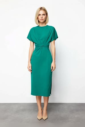 Kadın Büyük Beden %100 Pamuk Midi Kalem Elbise Bağlama Detaylı Bisiklet Yaka Kısa Kollu Bodycon