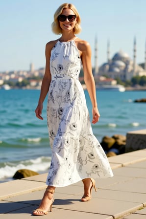 Kadın Halter Yaka Kolsuz Maxi Elbise Animal Desen Kuşaklı A Kesim Şally Dokuma Rahat Günlük Modern