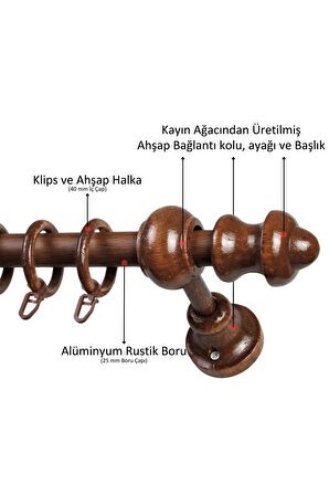 Raysız Ahşap Klasik Rustik Perde Askısı (Alüminyum Boru) Halka ve Klips