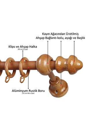 Raysız Ahşap Klasik Rustik Perde Askısı (Alüminyum Boru) Halka ve Klips