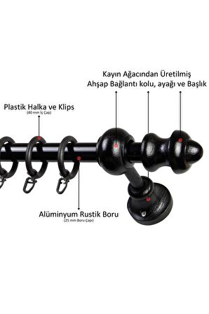 Raysız Ahşap Klasik Rustik Perde Askısı (Alüminyum Boru) Halka ve Klips