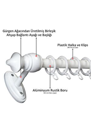 Ahşap Başlıklı Raysız Eko Rustik Perde Askısı (Alüminyum Boru) Plastik Halka ve Klips 