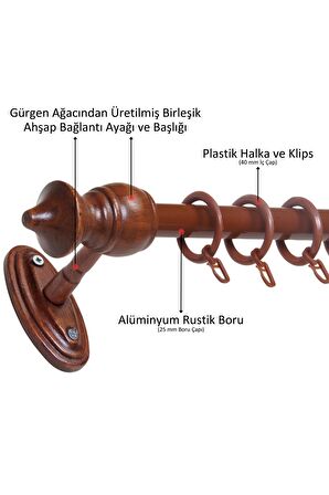 Ahşap Başlıklı Raysız Eko Rustik Perde Askısı (Alüminyum Boru) Plastik Halka ve Klips 