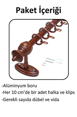 Ahşap Başlıklı Raysız Eko Rustik Perde Askısı (Alüminyum Boru) Plastik Halka ve Klips 