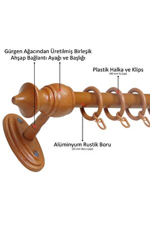 Ahşap Başlıklı Raysız Eko Rustik Perde Askısı (Alüminyum Boru) Plastik Halka ve Klips 