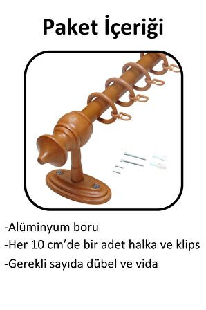 Ahşap Başlıklı Raysız Eko Rustik Perde Askısı (Alüminyum Boru) Plastik Halka ve Klips 