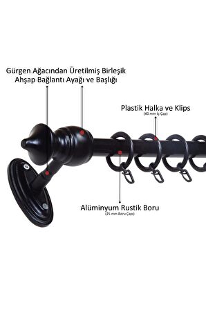 Ahşap Başlıklı Raysız Eko Rustik Perde Askısı (Alüminyum Boru) Plastik Halka ve Klips 