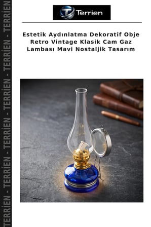 Estetik Aydınlatma Dekoratif Obje Retro Vintage Klasik Cam Gaz Lambası Mavi Nostaljik Tasarım