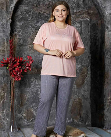 Lukitus Büyük Beden Battal Kısa Kol Bambu Kadın Pijama Takımı