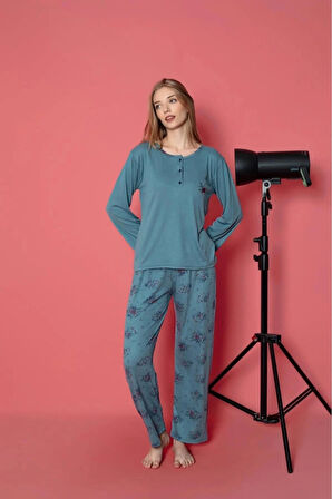Lukitus Uzun Kol Bambu İnterlok Kadın Pijama Takımı