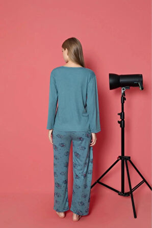 Lukitus Uzun Kol Bambu İnterlok Kadın Pijama Takımı